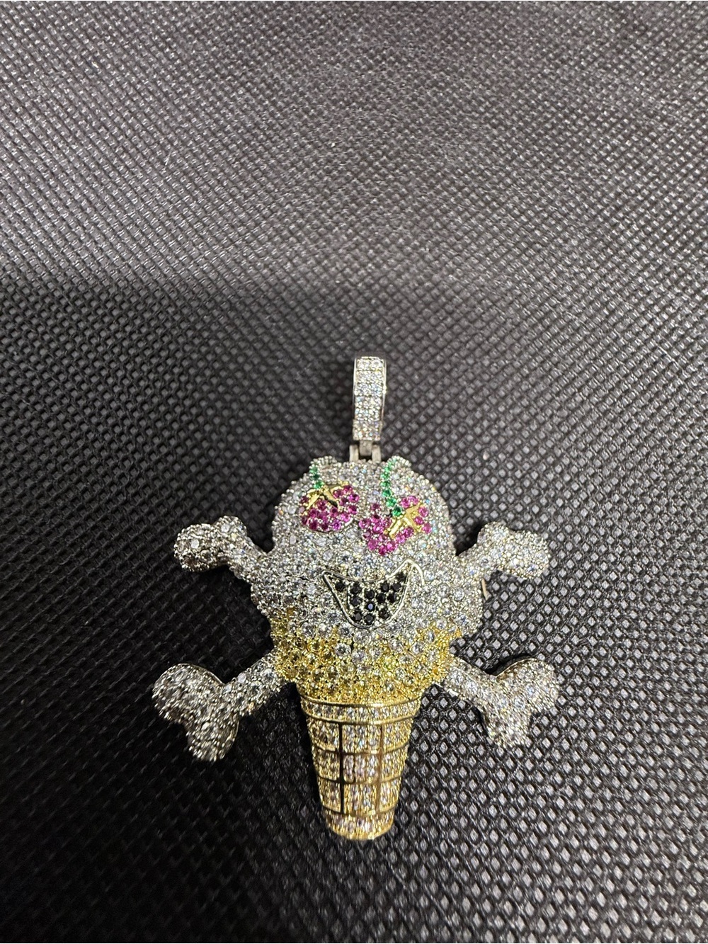 Ice Cream Skull Moissanite Pendant - Silver & Yellow with Pink & Green Accents